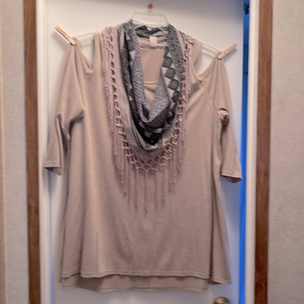 Beige Style & Co Cold Shoulder 3/4 Length Sleeve Blouse with Detachable Scarf